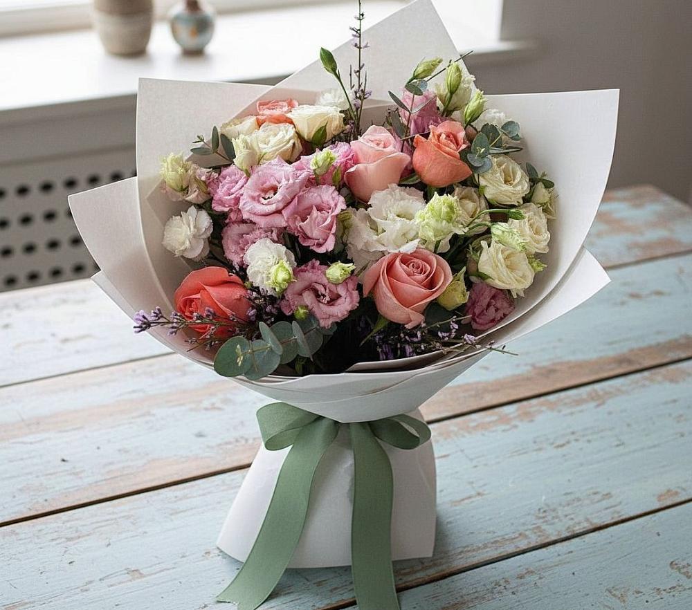 Букет цветов из: Розы, Лизиантусы и Гвоздики в Бугульму